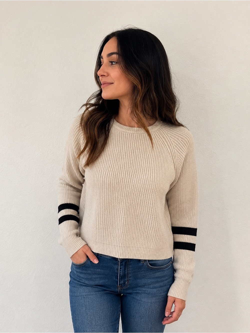 Velvet Dusty Pink Crewneck Sweater with Black Sleeve Stripes